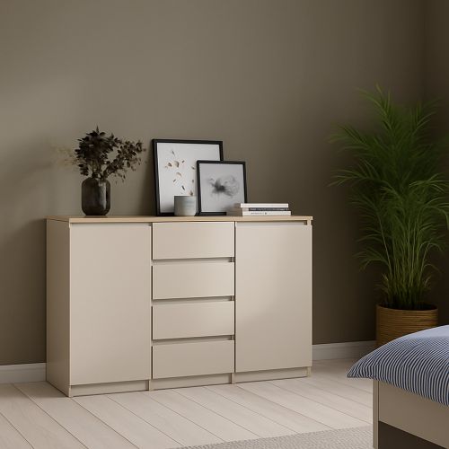Credenza Beige 4 Cassetti 2 Ripiani 121x50x91h cm, Apertura Battente, Scorrevole - Angelika