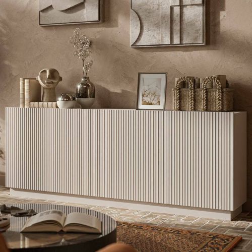 Credenza Beige 4 Ripiani 4 Ante 200x40x78h cm, 8 Vani - Masainas