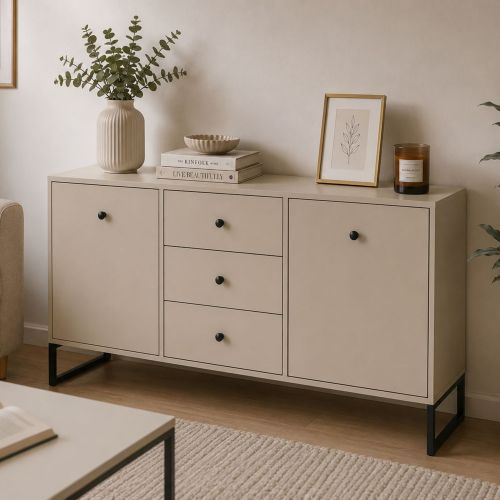 Credenza Beige Cashmere 3 Cassetti 2 Ripiani 115x33x82h cm, Apertura Battente, Scorrevole - Lerelova
