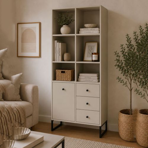 Credenza Beige Cashmere 3 Cassetti 5 Ripiani 77x33x180h cm, Apertura Battente, Scorrevole - Lerena