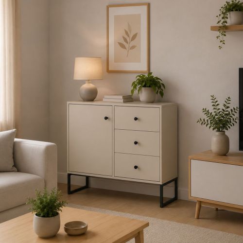 Credenza Beige Cashmere 3 Cassetti un Ripiano 77x33x82h cm, Apertura Battente, Scorrevole - Leranoro