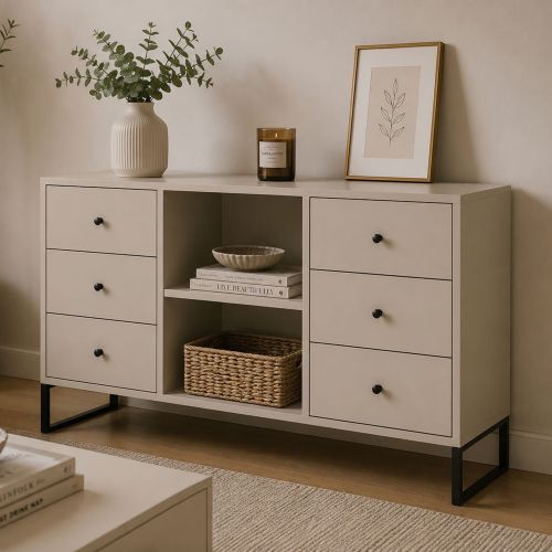 Credenza Beige Cashmere 6 Cassetti un Ripiano 112x33x82h cm, 2 Vani - Lerata