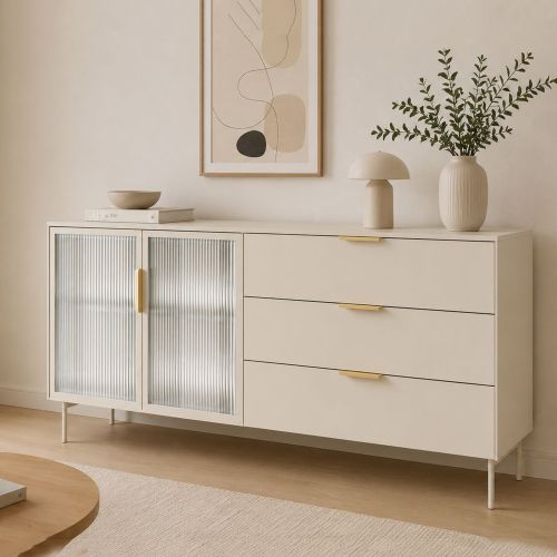 Credenza Beige Cashmere oro un Ripiano 3 Cassetti 181x39x83h cm, 2 Ante - Hara