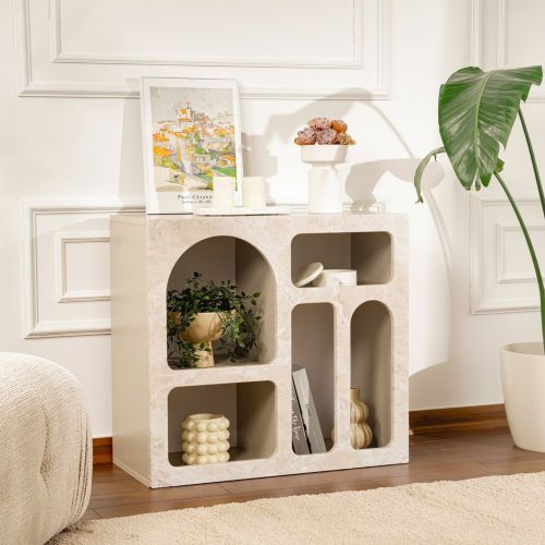Credenza Beige Marmo 2 Ripiani 2 Vani 80x37x74h cm, Peso Supportato 4 kg - Arsenioet