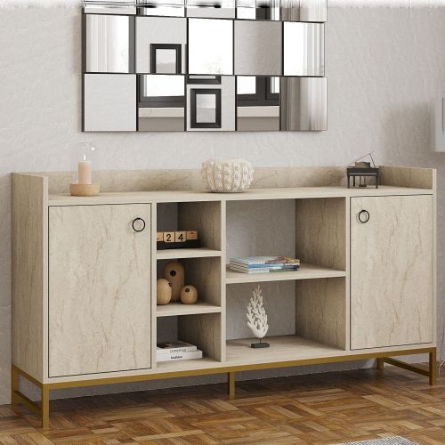 Credenza Beige Marmo 3 Ripiani 2 Ante 160x40x85h cm, 7 Vani - Gorzegno