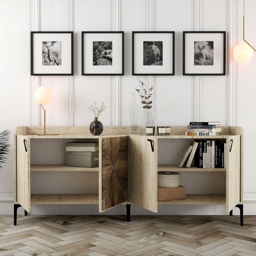 Credenza Beige Marmo Marrone Marmo 2 Ripiani 4 Vani 180x35x78h cm, 4 Ante - Roatto