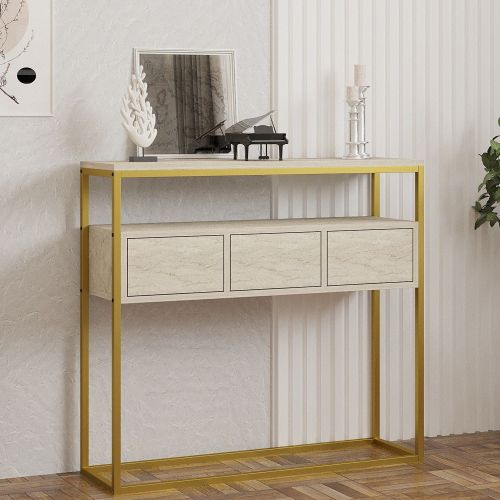 Credenza Beige Marmo oro 4 Vani 3 Ante 90x34x70h cm, Apertura a Ribalta - Gemonio