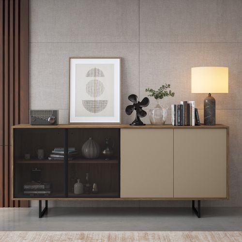 Credenza Beige Marrone Noce 3 Ripiani Apertura Battente 200x40x87h cm, 4 Ante - Malnate