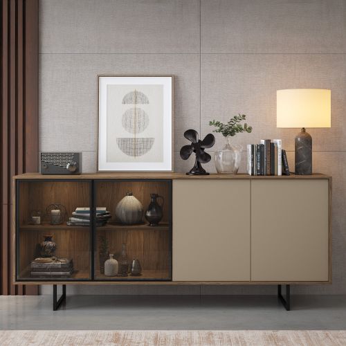 Credenza Beige Marrone Noce 3 Ripiani Apertura Battente 200x40x87h cm, 4 Ante - Rivarone