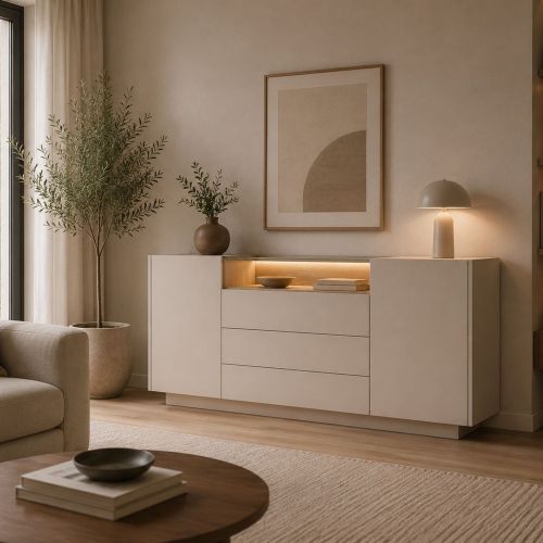 Credenza Beige Marrone Rovere 3 Cassetti 2 Ripiani 176x40x83h cm, Apertura Battente, Scorrevole - Haleli