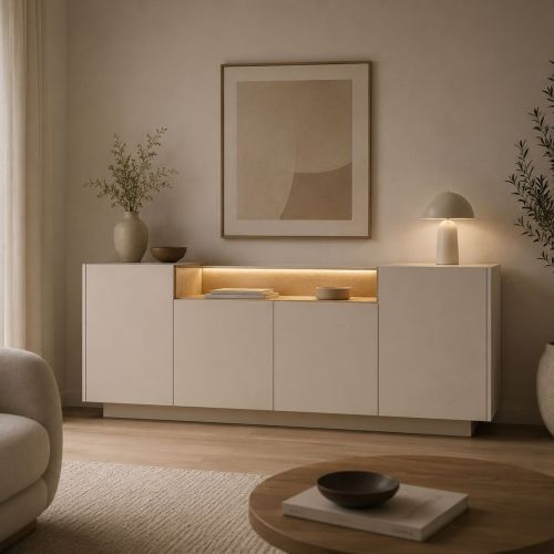 Credenza Beige Marrone Rovere 4 Ripiani Apertura Battente 103x40x83h cm, 4 Ante - Halefa