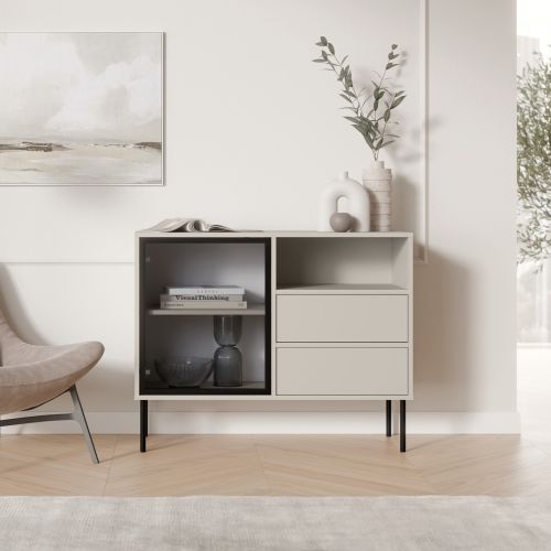 Credenza Beige Nero 2 Cassetti 2 Ripiani 100x40x80h cm, Apertura Battente, Scorrevole - Caravino