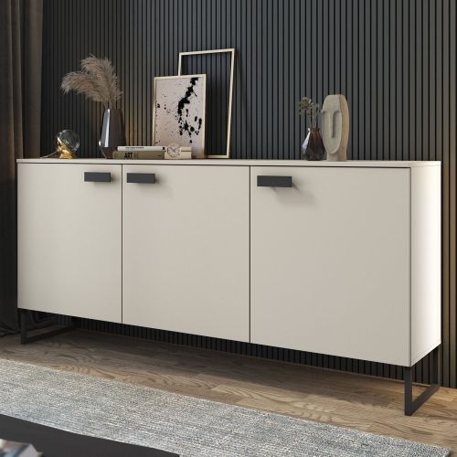 Credenza Beige Nero 3 Cassetti 2 Ripiani 184x40x86h cm, Apertura Battente - Reano
