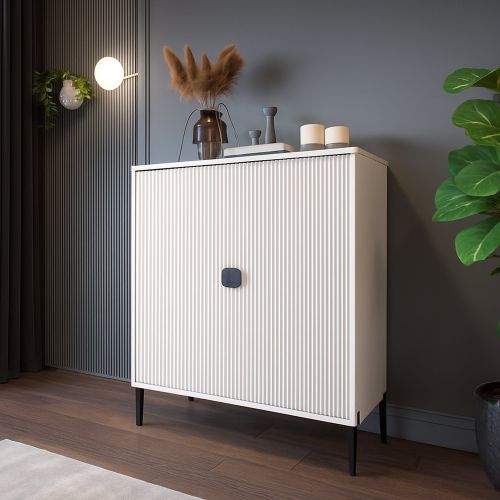 Credenza Beige Nero Cassetti 4 Ripiani 104x40x129h cm, Apertura Battente - Wallis