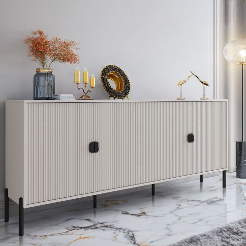Credenza Beige Nero Cassetti 4 Ripiani 203x49x83h cm, Apertura Battente - Arpina