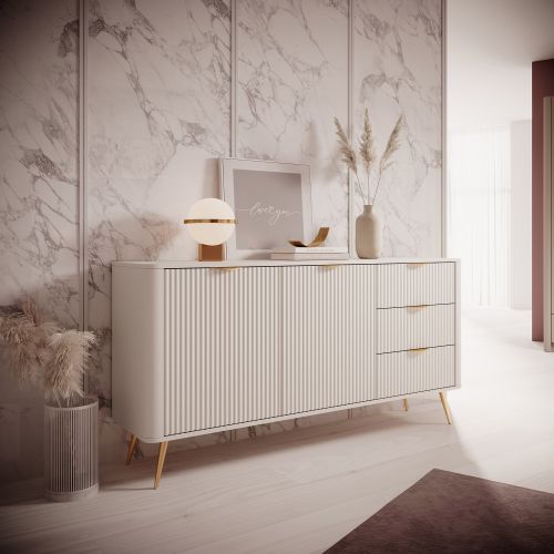 Credenza Beige oro 3 Cassetti 2 Ripiani 163x38x81h cm, Apertura Battente, Scorrevole - Halilala