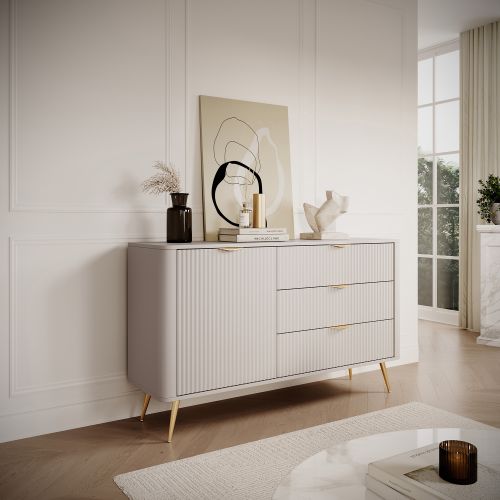 Credenza Beige oro 3 Cassetti un Ripiano 138x38x81h cm, Apertura Battente, Scorrevole - Halilomo
