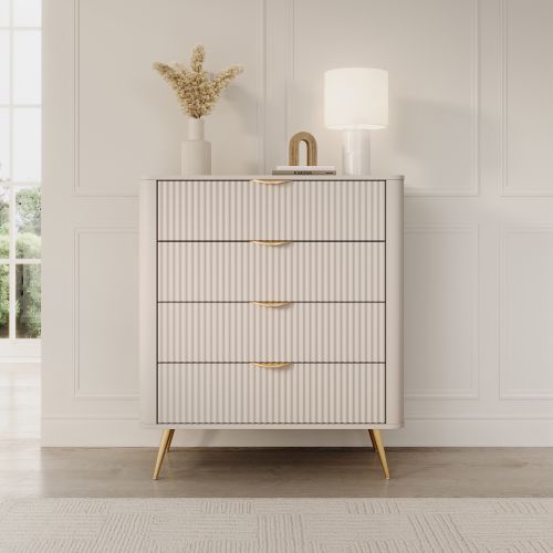 Credenza Beige oro 4 Cassetti un Ripiano 88x38x101h cm, Apertura Scorrevole - Haliso
