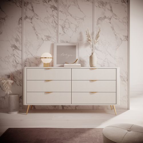 Credenza Beige oro 6 Cassetti un Ripiano 163x38x81h cm, Apertura Scorrevole - Hali