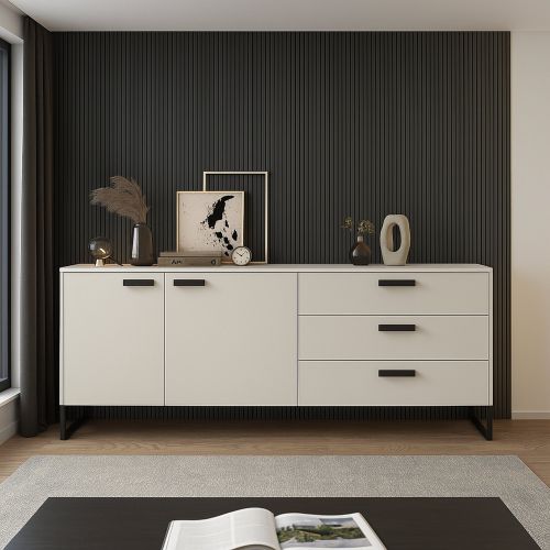 Credenza Beige Rovere Nero 3 Cassetti 2 Ripiani 184x40x86h cm, Apertura Battente - Muzzano