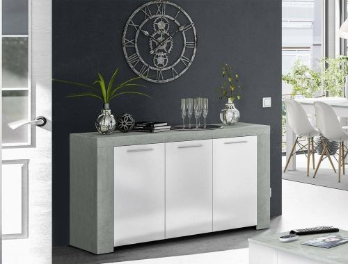 Credenza Bellevue, Madia moderna a 3 ante, Buffet da soggiorno, Mobile porta TV, Madia per salotto, 144x42h80 cm, Cemento e Bianco