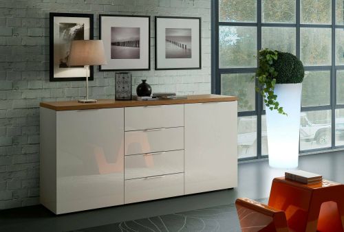 Credenza Benoni, Buffet da soggiorno, Madia da salotto, Dispensa da cucina, Made in Italy, 180x43h89 cm, Bianco lucido e Rovere