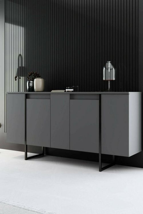 Credenza Betel, Buffet da soggiorno, Madia da salotto, Dispensa moderna da cucina, 160x35h80 cm, Antracite e Nero