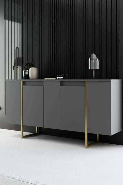 Credenza Betel, Buffet da soggiorno, Madia da salotto, Dispensa moderna da cucina, 160x35h80 cm, Antracite e Oro