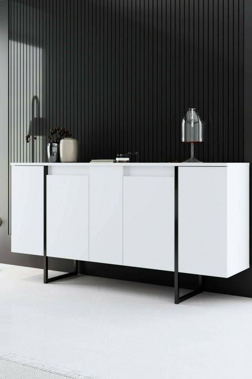 Credenza Betel, Buffet da soggiorno, Madia da salotto, Dispensa moderna da cucina, 160x35h80 cm, Bianco e Nero