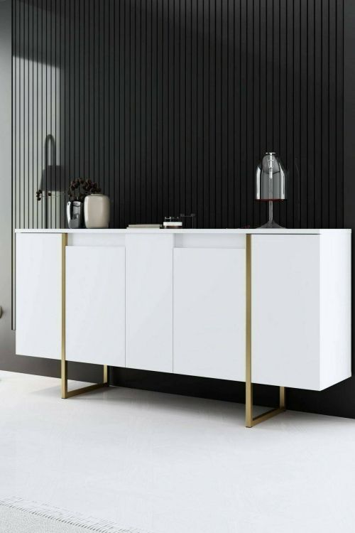 Credenza Betel, Buffet da soggiorno, Madia da salotto, Dispensa moderna da cucina, 160x35h80 cm, Bianco e Oro