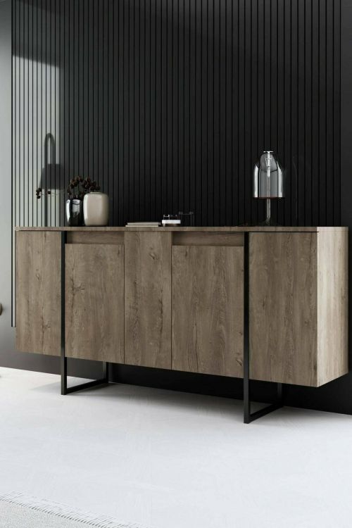 Credenza Betel, Buffet da soggiorno, Madia da salotto, Dispensa moderna da cucina, 160x35h80 cm, Noce e Nero