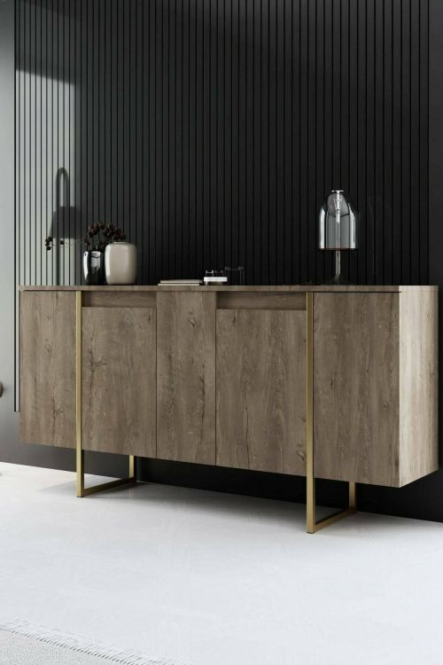 Credenza Betel, Buffet da soggiorno, Madia da salotto, Dispensa moderna da cucina, 160x35h80 cm, Noce e Oro