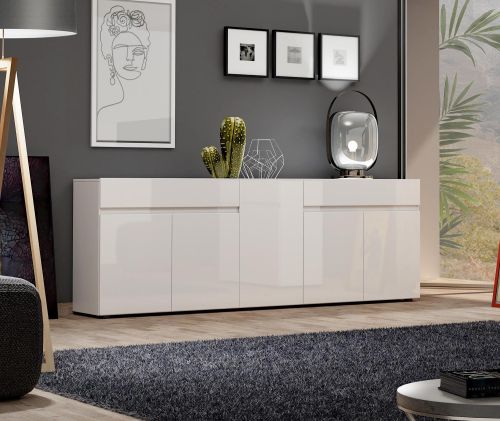 Credenza Bethal, Buffet da soggiorno, Madia da salotto, Dispensa da cucina, Made in Italy, 225x38h79 cm, Bianco lucido