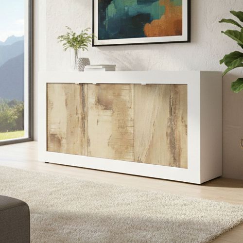 Credenza bianca e acacia 160x43x86h cm 3 ante - Faustin