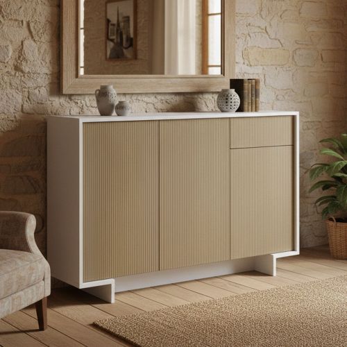 Credenza bianca e beige 134x35x87h cm 3 ante e 1 cassetto - Arius