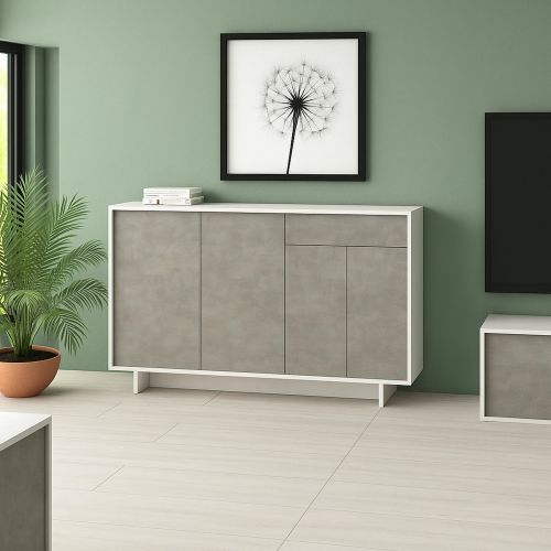 Credenza bianca e cemento 134x35x87h cm 3 ante e 1 cassetto - Arius