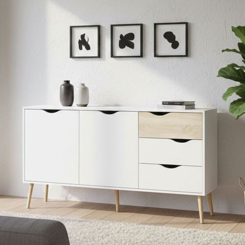 Credenza bianca e quercia 147x39x81h cm 2 ante e 3 cassetti - Animato