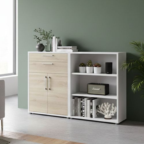 Credenza bianca e quercia 178x40x113h cm 2 ante e 2 cassetti - Albinea