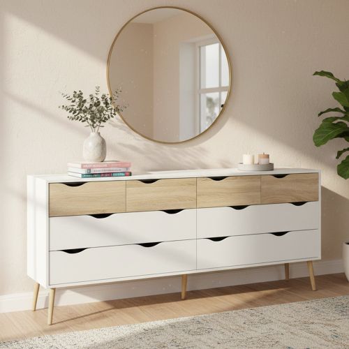 Credenza bianca e quercia 195x39x81h cm 8 cassetti - Arista