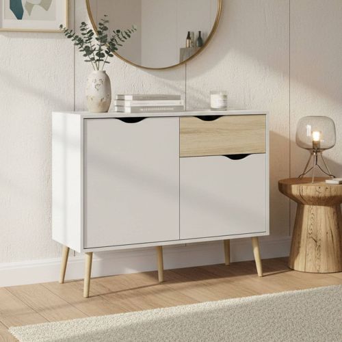 Credenza bianca e quercia 98x39x81h cm 2 ante e 1 cassetto - Audit