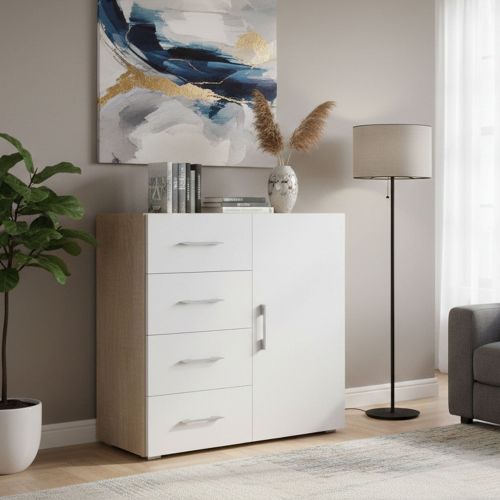 Credenza bianca e rovere 90x41x87h cm 1 anta e 4 cassetti - Aracnida