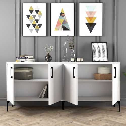 Credenza Bianco 2 Ripiani 4 Ante 180x35x78h cm, 4 Vani - Pollein