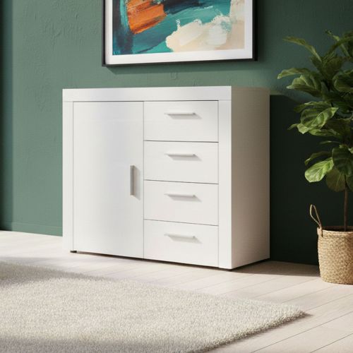 Credenza Bianco 4 Cassetti un Ripiano 94x86x40h cm, Apertura Battente - Baganza