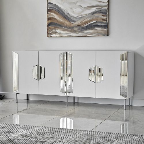 Credenza Bianco Argento 4 Ripiani 4 Ante 180x40x80h cm, 8 Vani - Trigolo
