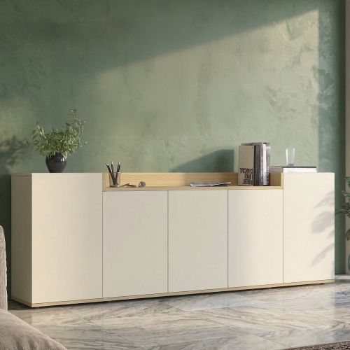 Credenza Bianco Cashmere Marrone Rovere Chiaro 7 Ripiani Apertura Battente 200x35x70h cm, 5 Ante Made in Italy - Cordele