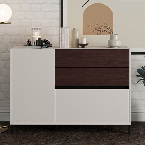 Credenza Bianco Crema Marrone Noce 2 Ripiani 3 Cassetti 125x40x92h cm, Un'anta - Sideme