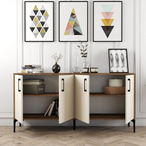 Credenza Bianco Crema Marrone Noce 2 Ripiani 4 Ante 160x35x78h cm, 4 Vani - Sinopoli