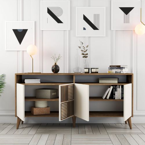Credenza Bianco Crema Marrone Noce 2 Ripiani 4 Ante 160x35x78h cm, 6 Vani - Thuile