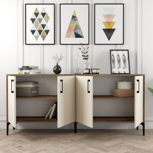 Credenza Bianco Crema Marrone Noce 2 Ripiani 4 Ante 180x35x78h cm, 4 Vani - Pollein
