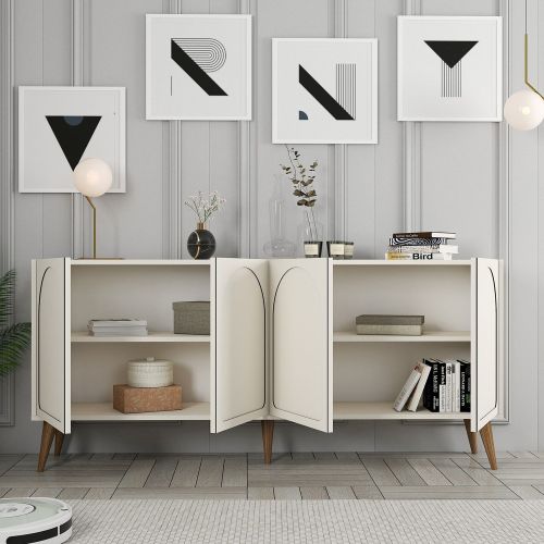 Credenza Bianco Crema Marrone Noce 2 Ripiani 4 Ante 180x35x81h cm, 4 Vani - Niscemi